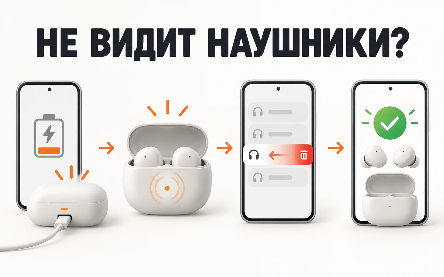 Светлая схема диагностики Bluetooth-наушников: заряд, режим пары, удаление старого подключения и повторное соединение