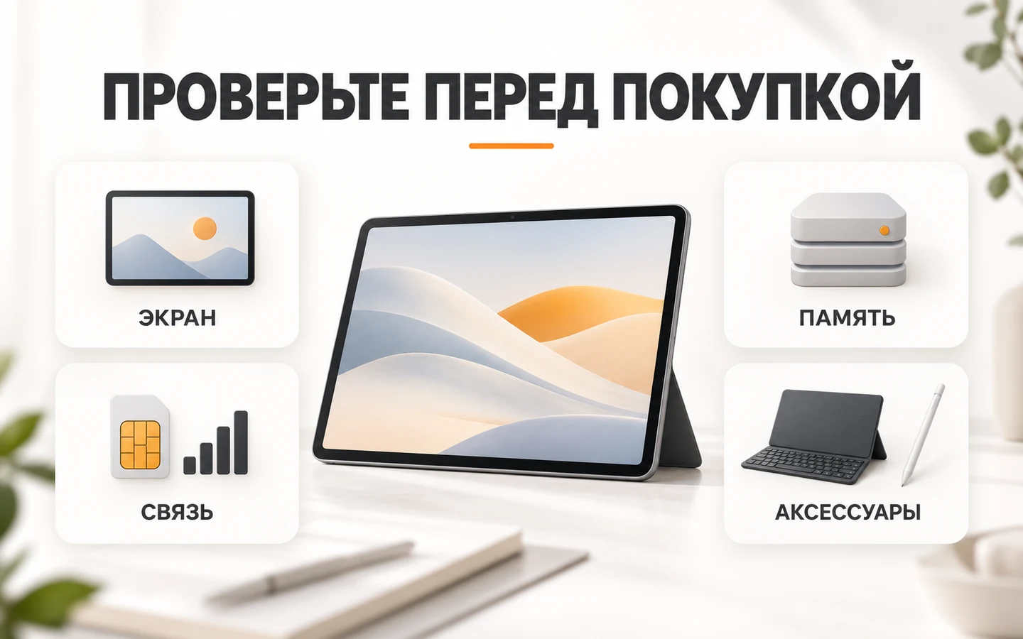 Чек-лист экрана, памяти, связи и аксессуаров для выбора планшета