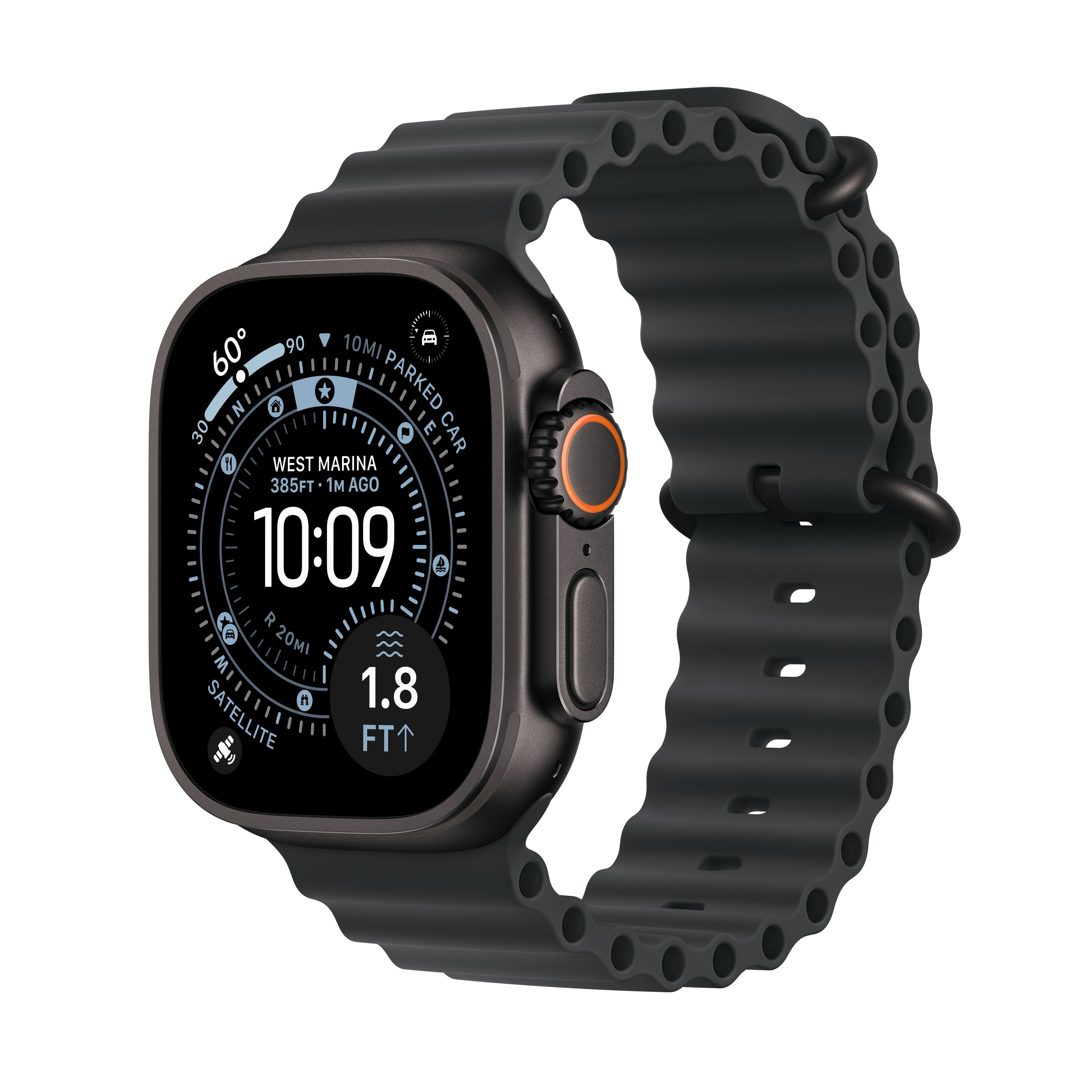 Apple Watch Ultra 3 49mm Black Ti Black — Ocean · Корпус и ремешок, вид в три четверти